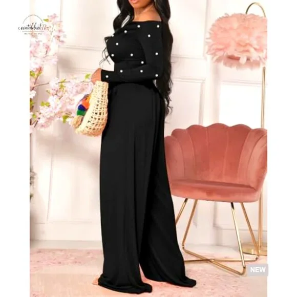 Long Sleeve Jumpsuit with Pearl Decor, Ruched Waist, Regular Fit, Medium - Picture 2 of 7